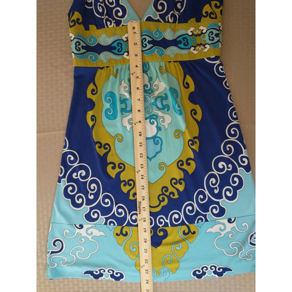 Trina Turk 100% Silk Dress Blue Green Psychedelic Print Empire Waist Size 2 Sexy - Picture 10 of 15